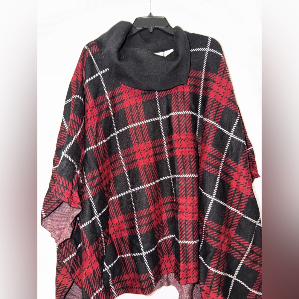 Anne Klein Red and Black Plaid Poncho